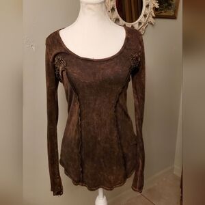T Party Fashion Distressed Brown Long Sleeve Top